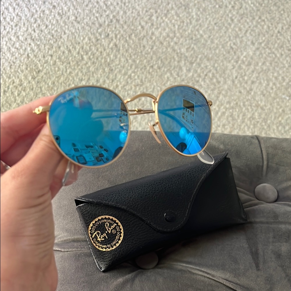 Ray-Ban Gold Frame Sunglasses with Blue Lenses